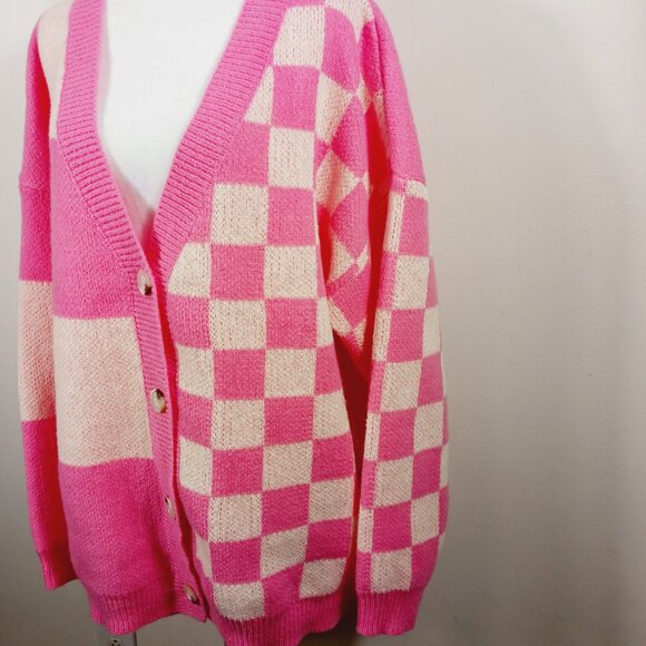 BIBI Pink & Ivory Mixed Checkered Oversized Cardigan Sweater Size LRG, Cozy Chic - Picture 7 of 16